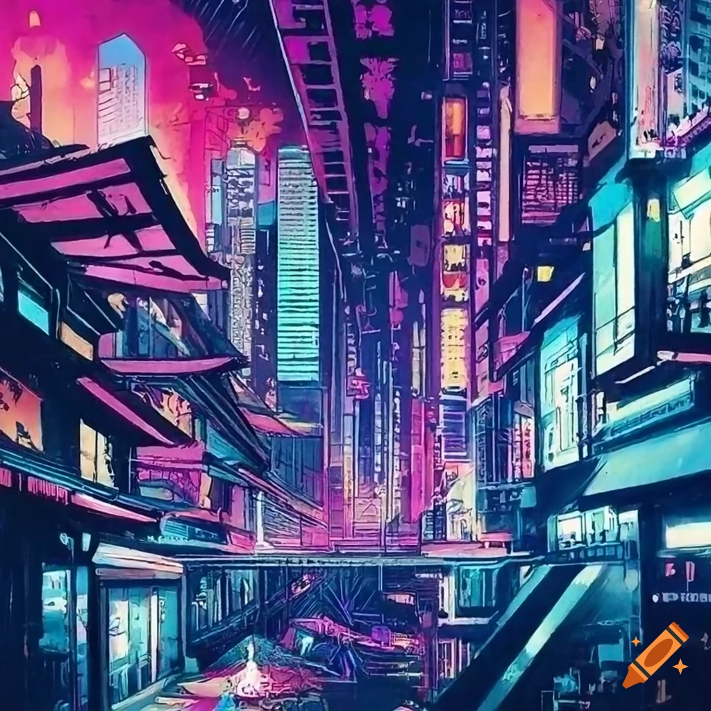 ukiyo-e style illustration of a hyper futuristic city