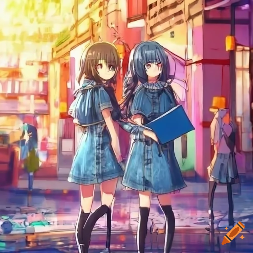 anime-girls-in-denim-attire-browsing-books-on-a-vibrant-shopping-street