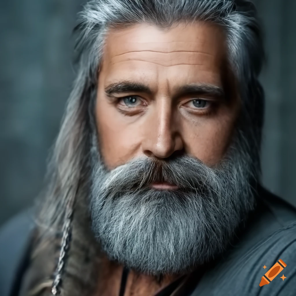 detailed portrait of a senior rock musician with long grey hair and beard