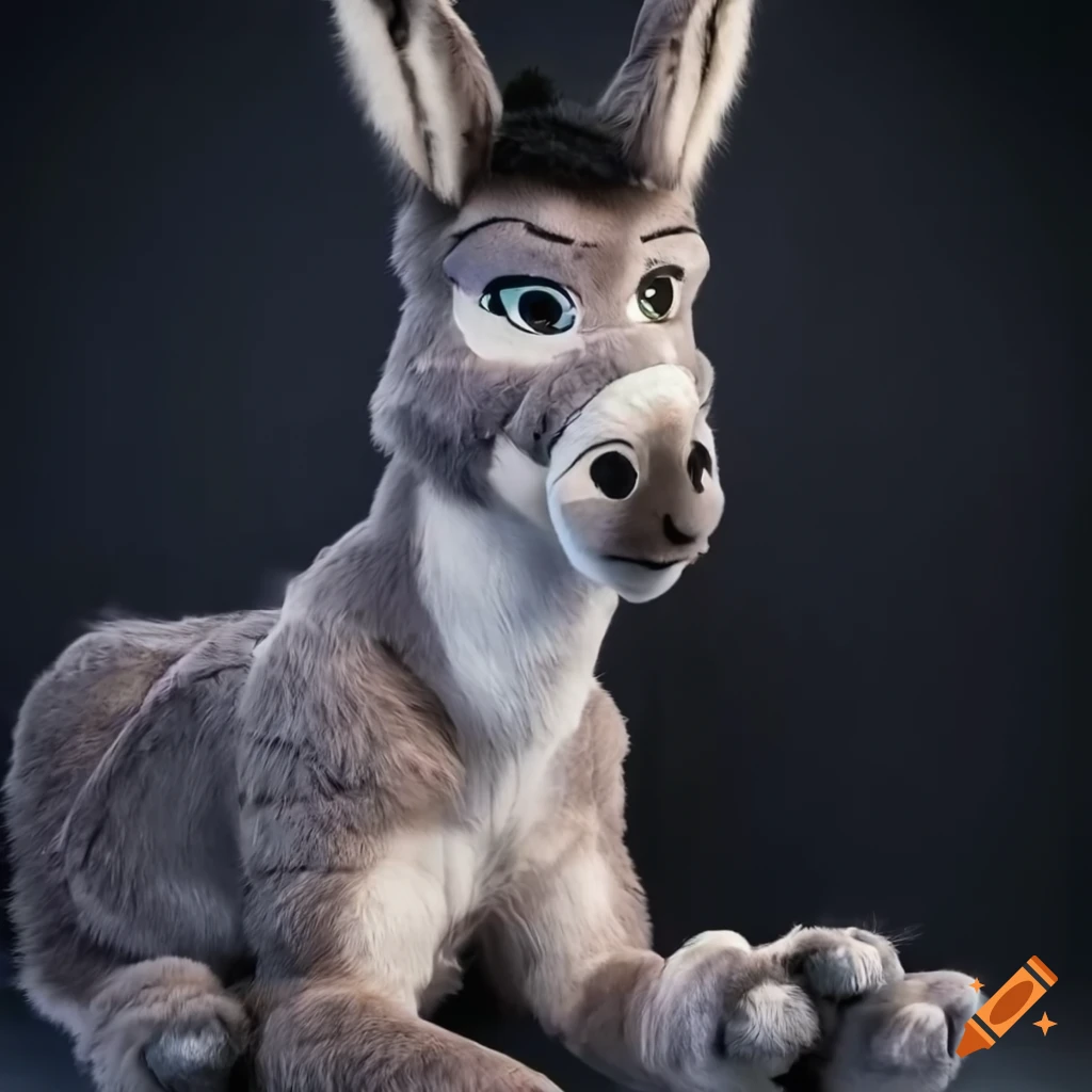 full-body fursuit of a realistic grey donkey