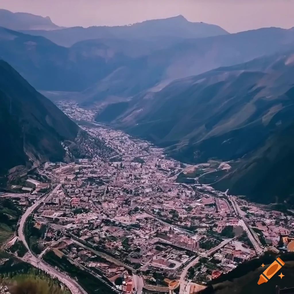 Aerial view of a city nestled in a lush mountain valley on Craiyon