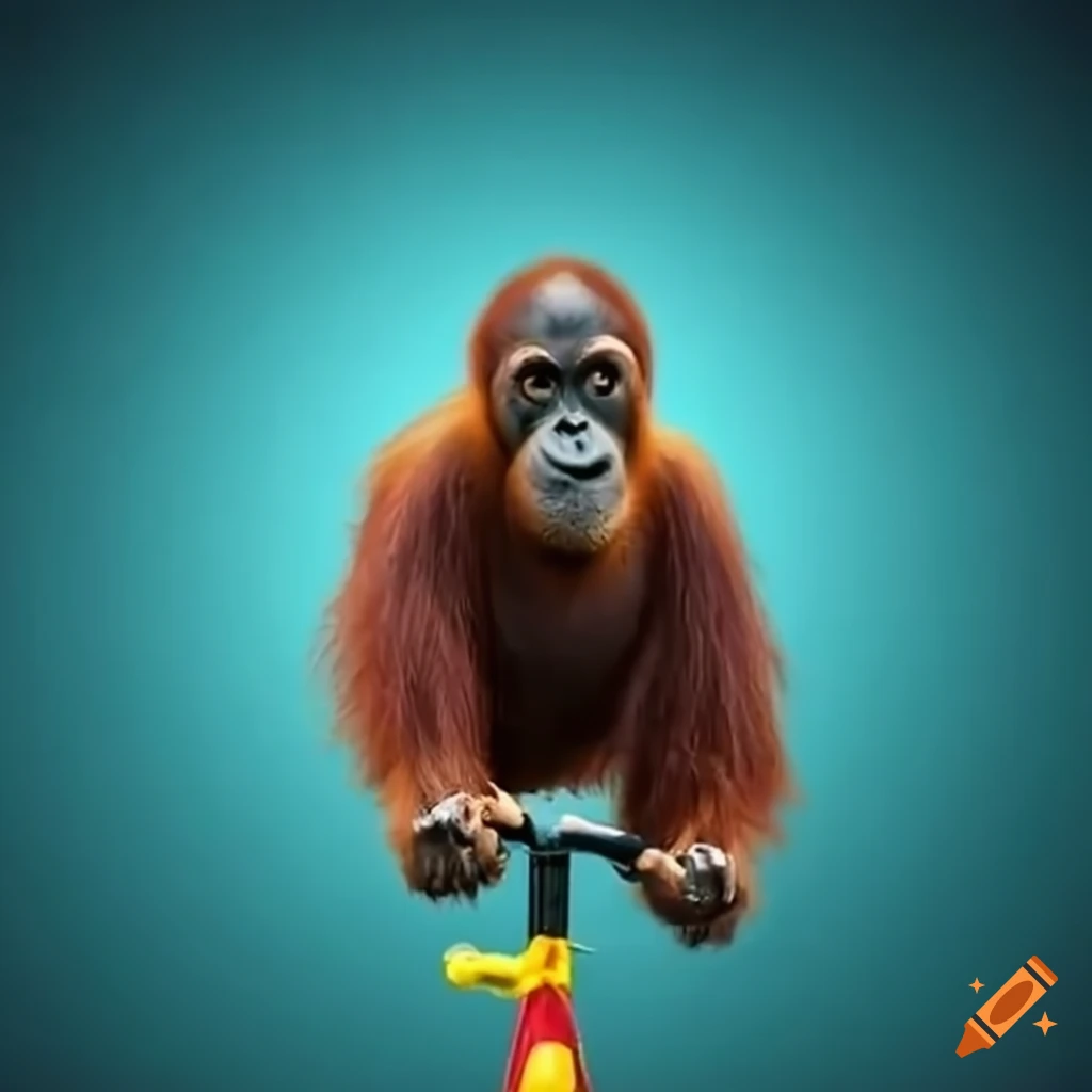 Funny image of an orangutan riding a unicycle