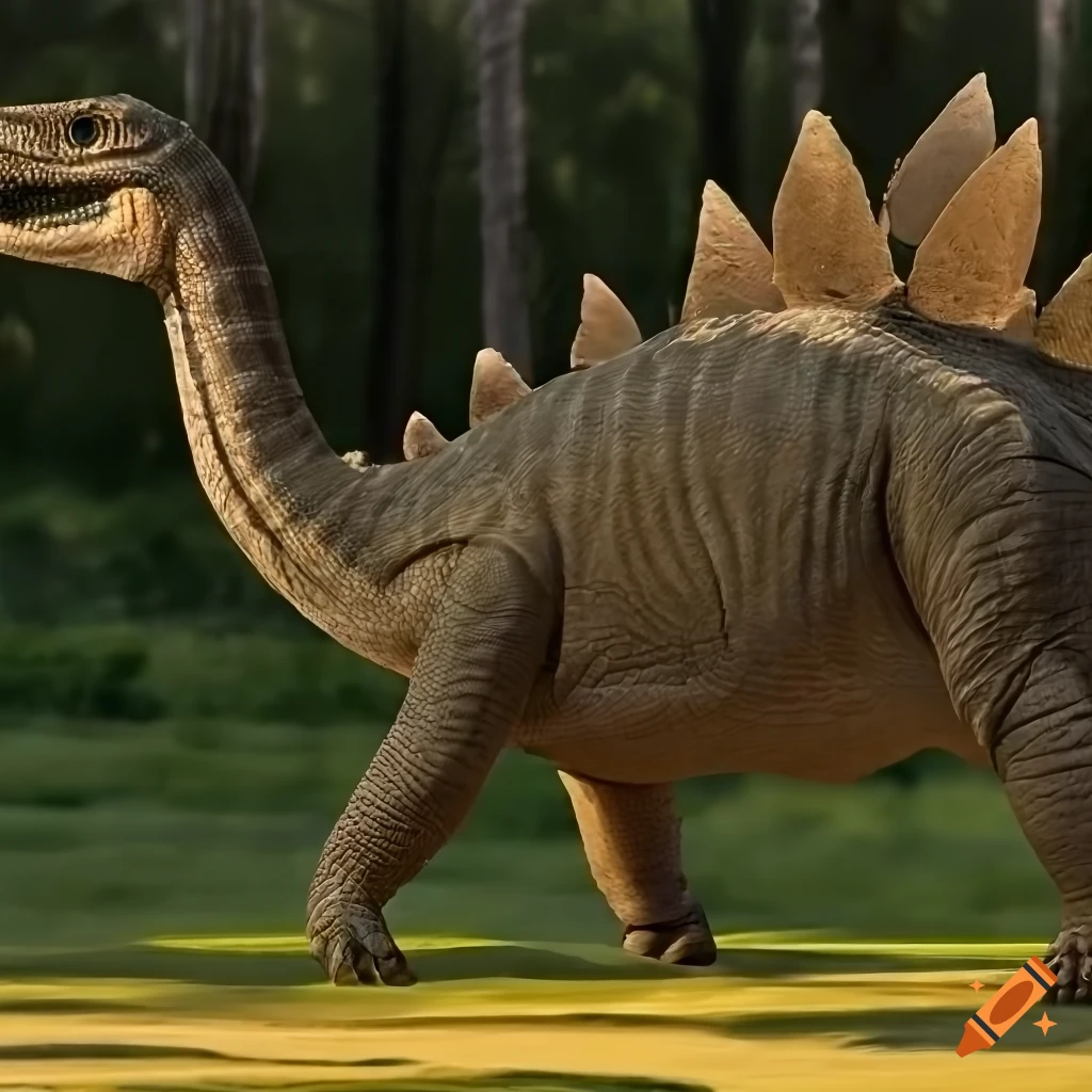detailed image of a colorful Stegosaurus in warm morning light