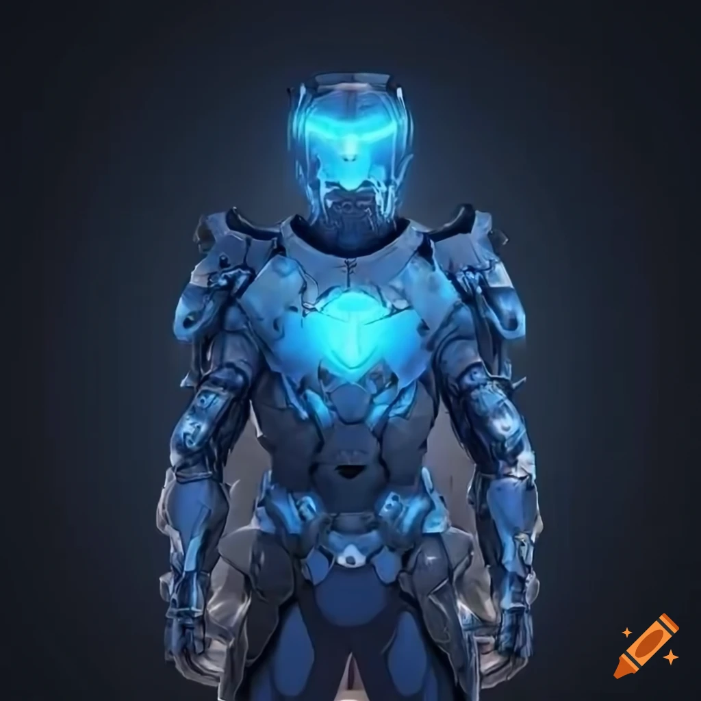 man in futuristic metal armor with glowing blue emblem