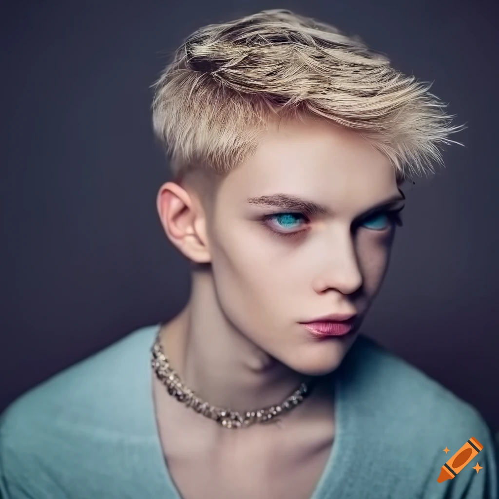 portrait of a young male model with blond hair and green eyes