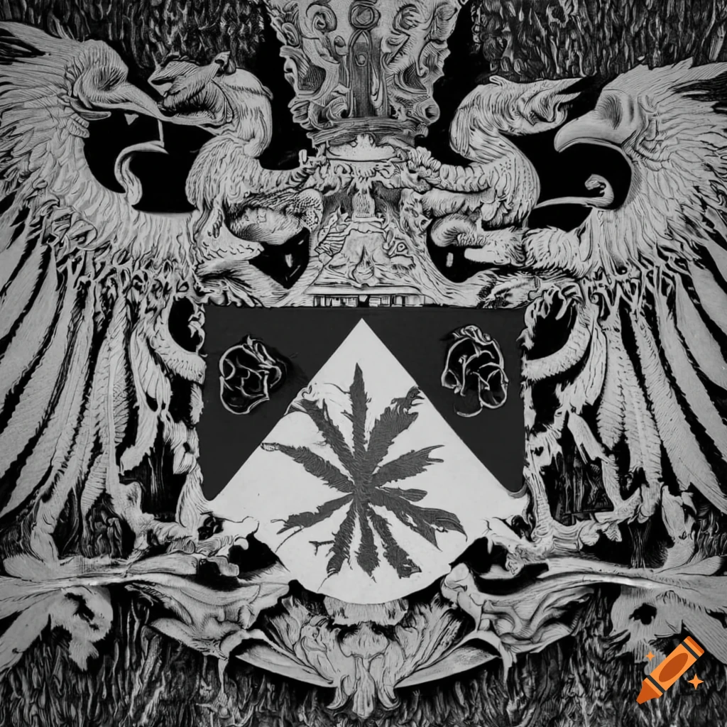 black and white coat of arms with raven holding a cannabis leaf
