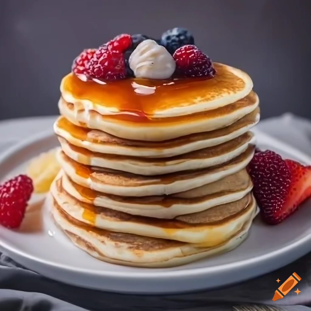 delicious stack of pancakes with syrup and fruit