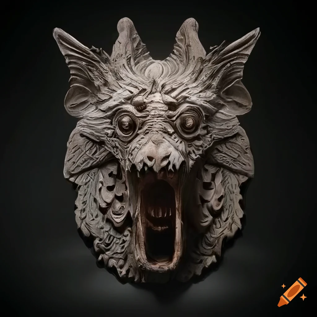 detailed carving of a moth werewolf motif