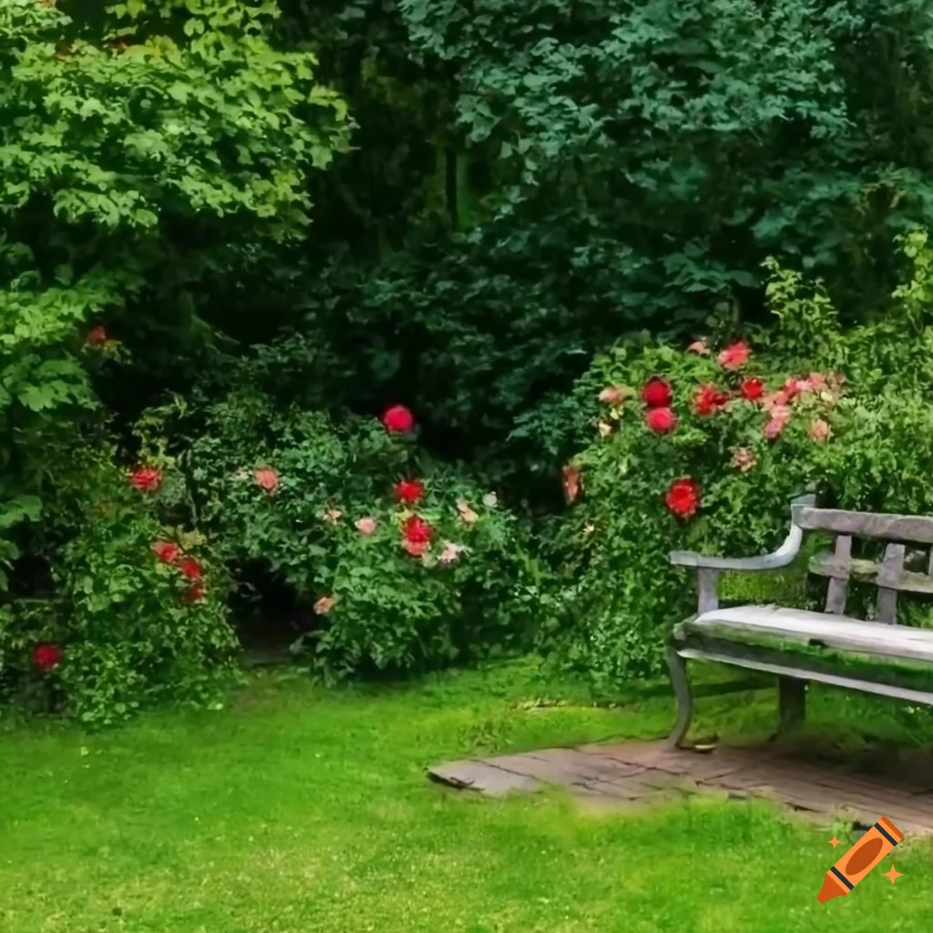 moonlit garden with roses and a bench