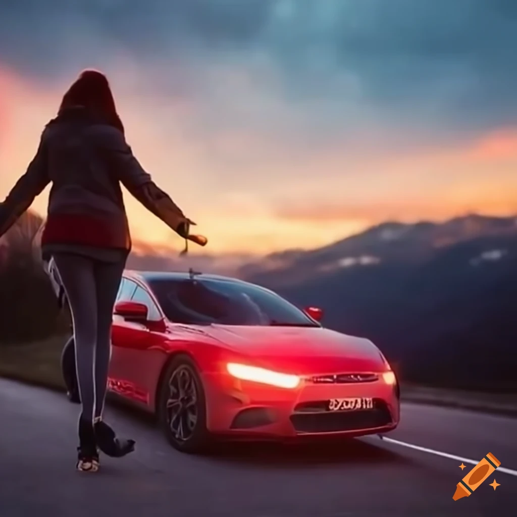 Femme conduisant une voiture de sport sur une route de montagne au coucher  du soleil on Craiyon