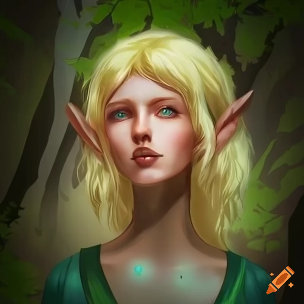 Fantasy elf with short blonde wavy hair in forest