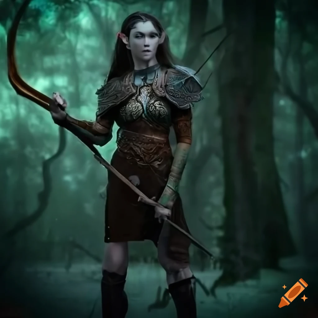 elven warrior hunting in mystical forest