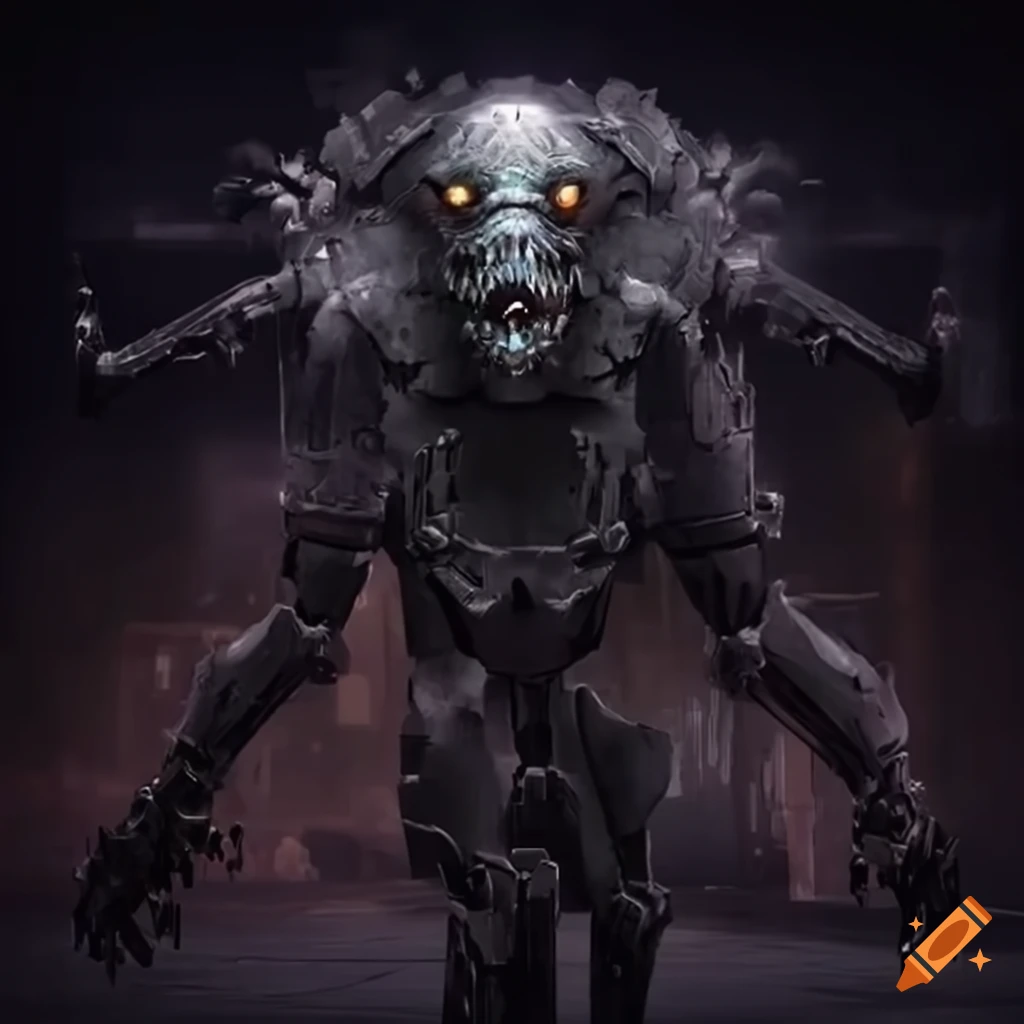 futuristic robot fighting undead in post-apocalyptic setting