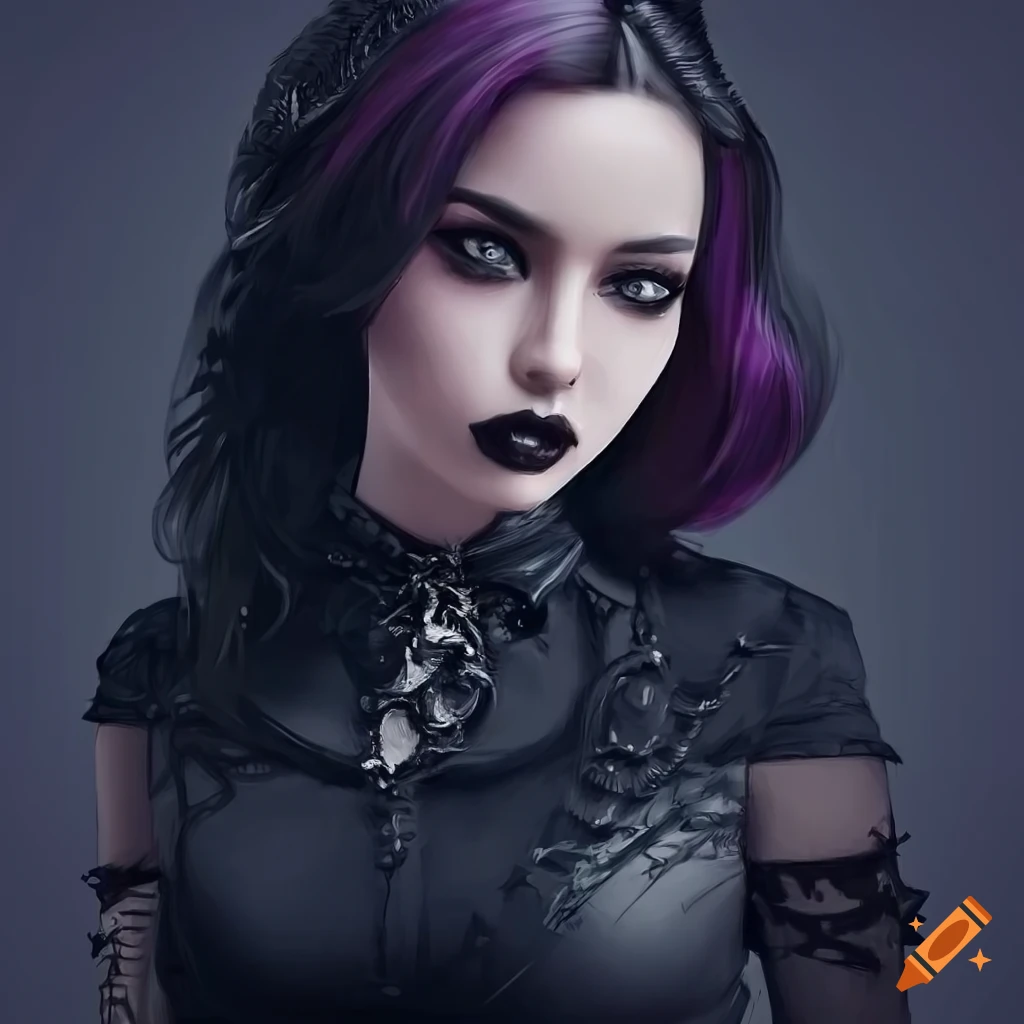 Photo realistic portrait of a young woman with black hair and gothic style