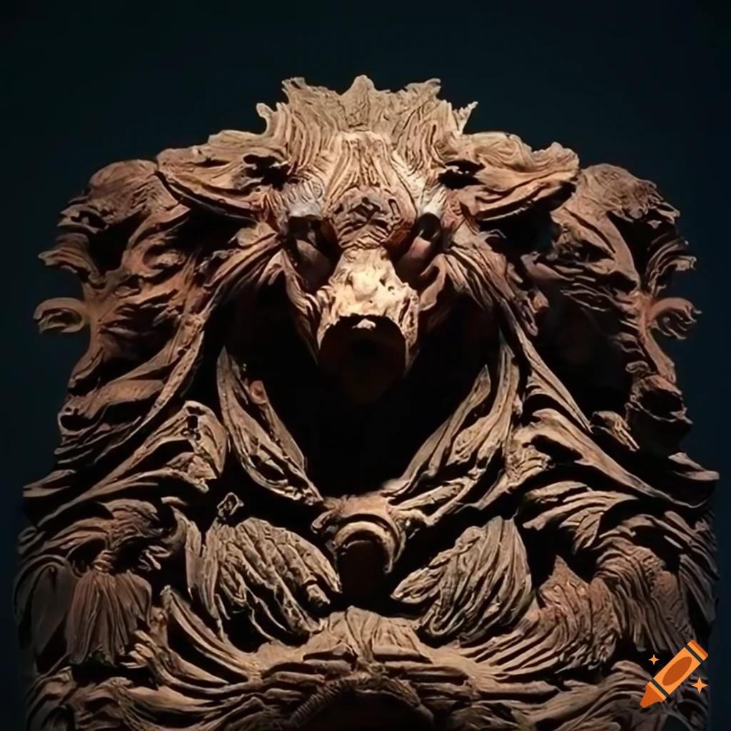 detailed carving of a moth werewolf motif