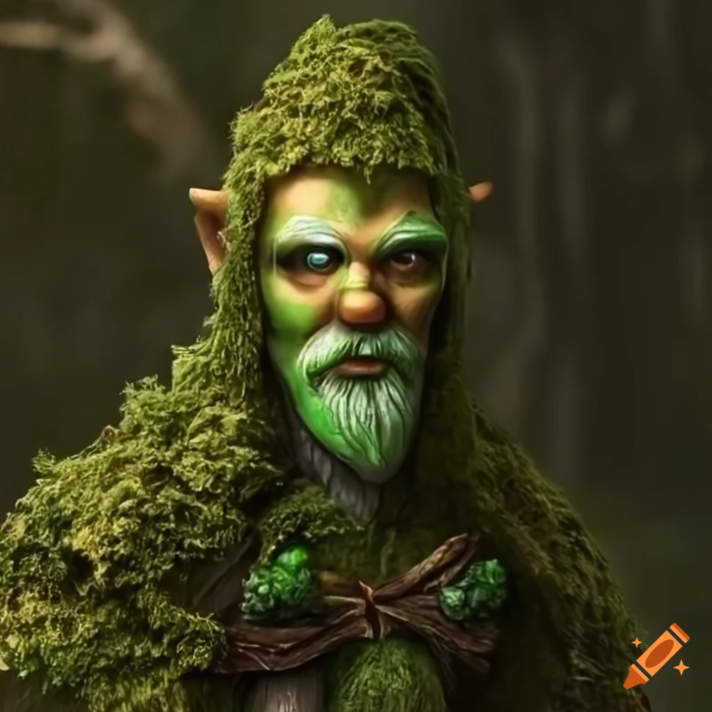 Illustration of a male forest gnome with moss cloak and tree armor