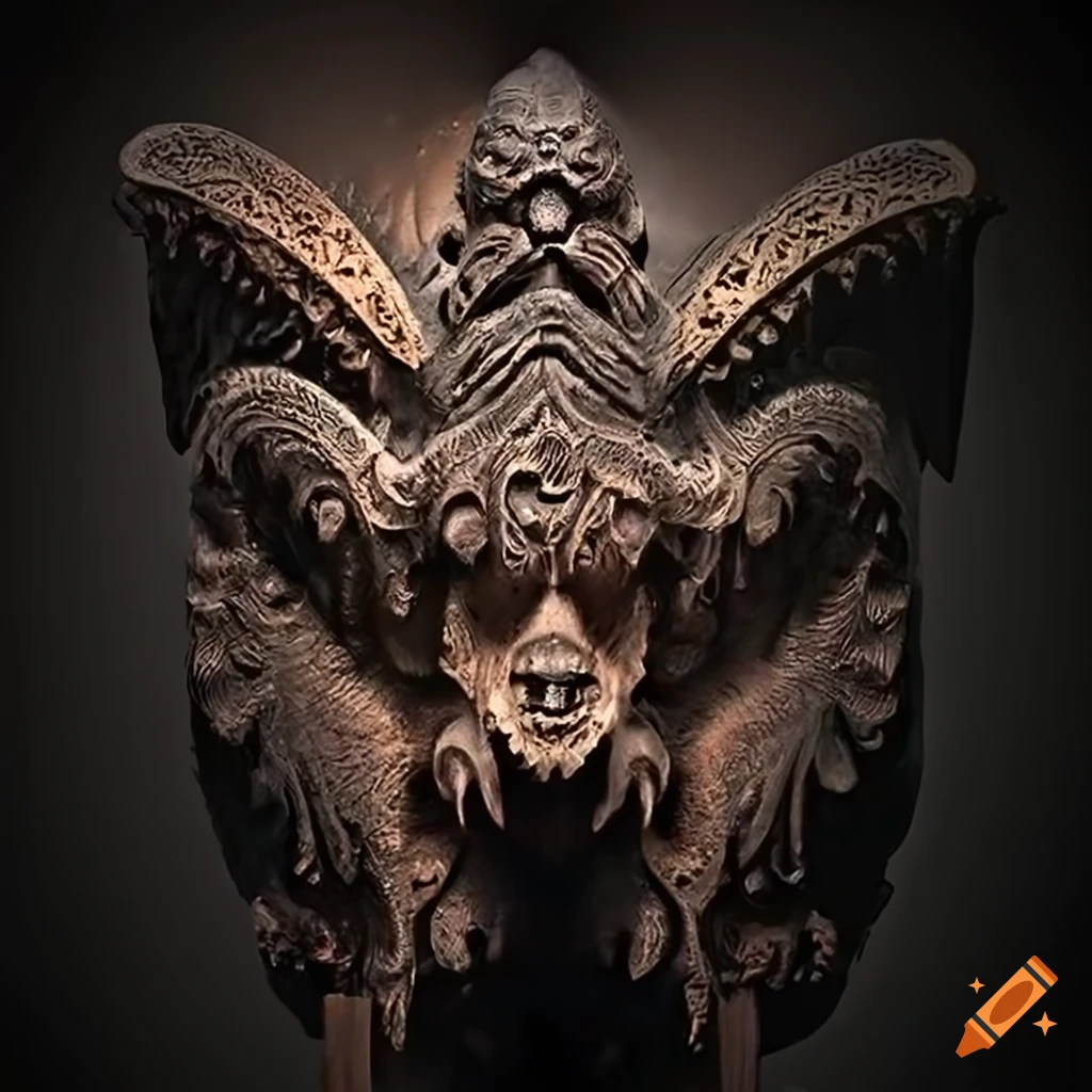 detailed carving of a moth werewolf motif