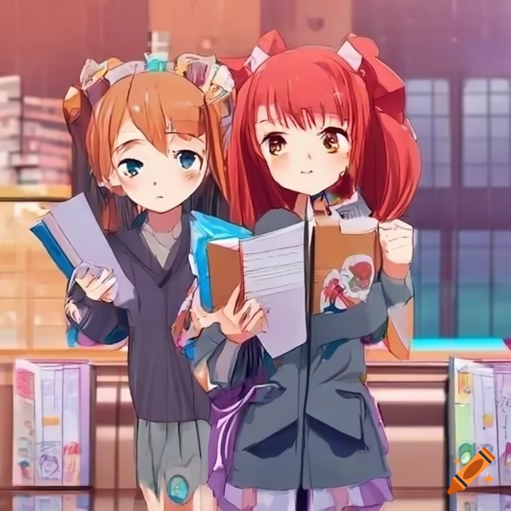 anime girls enjoying a rainy day at a bookstore