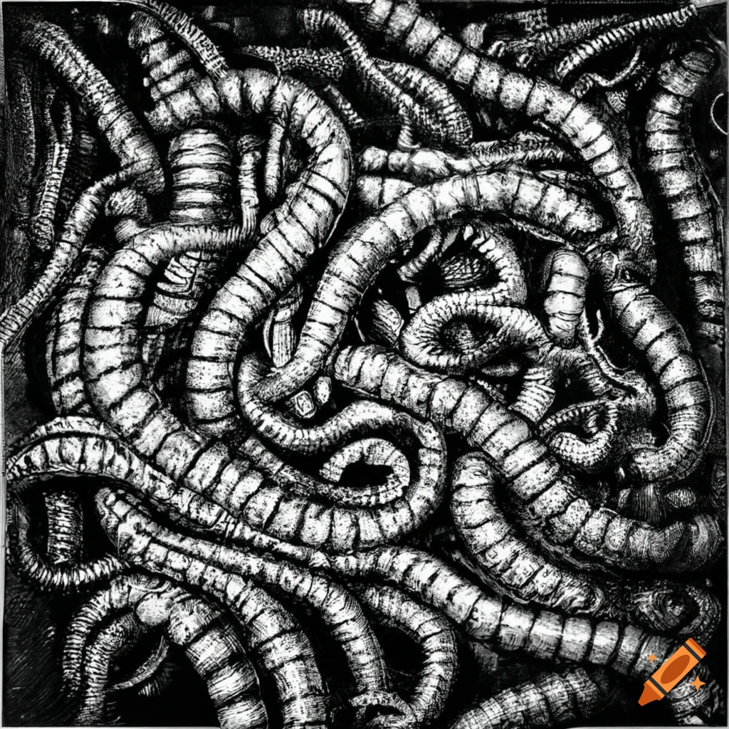 Detailed etching of worms in black and white on Craiyon