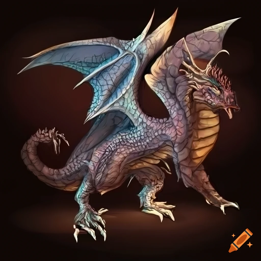 Detailed side view illustration of a dragon with wings on Craiyon