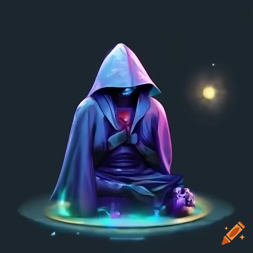 image of a levitating hooded figure in a starry backdrop