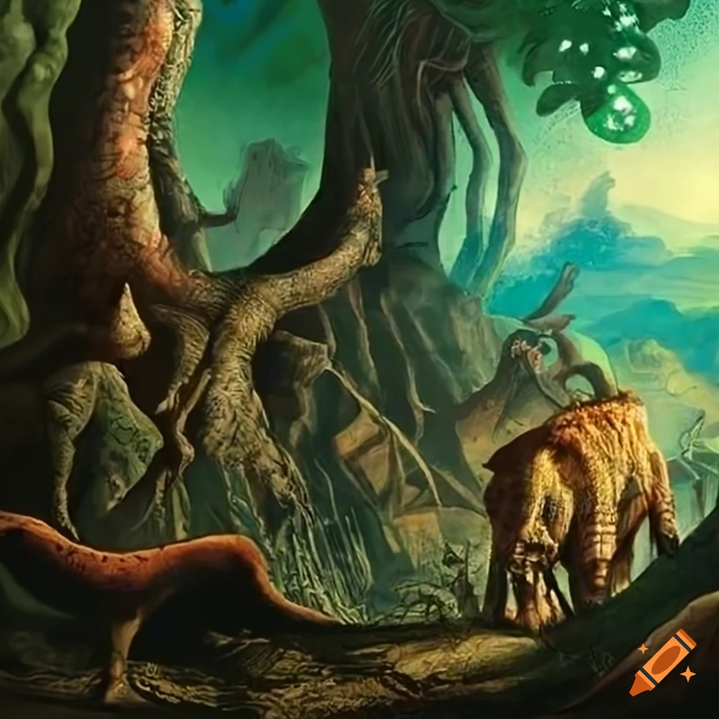wide panorama of a jungle landscape with animal-human hybrids