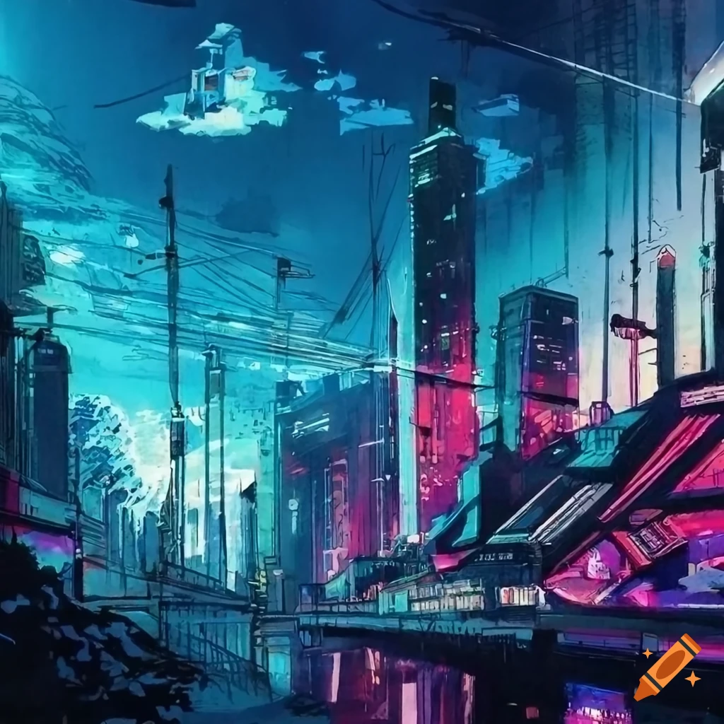 Ukiyo E Style Illustration Of A Hyper Futuristic City