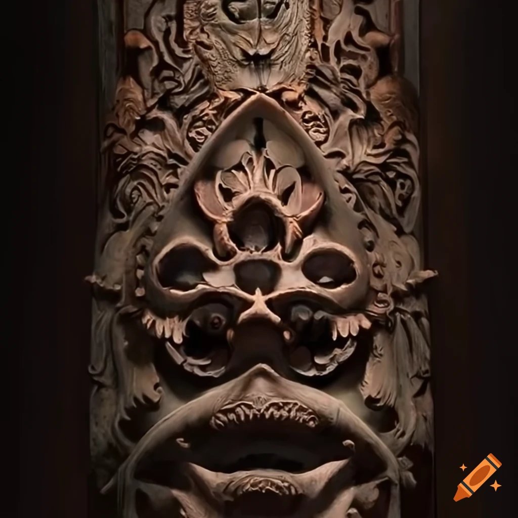 detailed carving of a moth werewolf motif