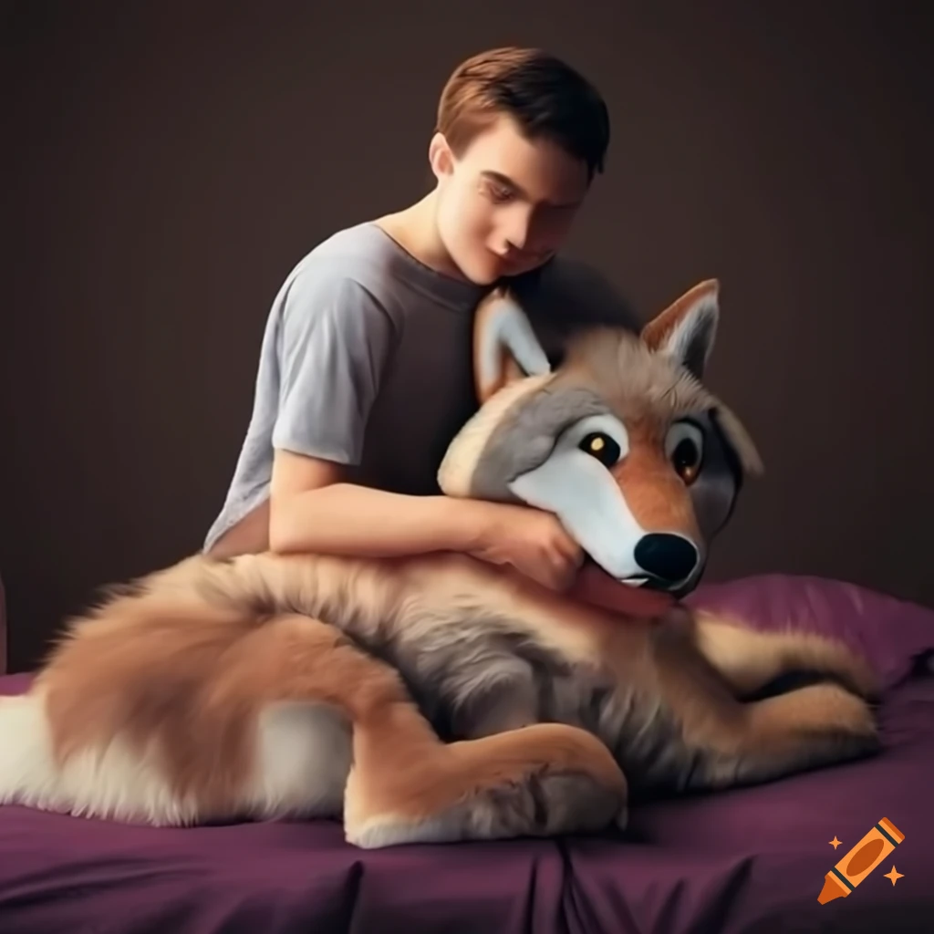 young man cuddling a realistic wolf plush on a bed