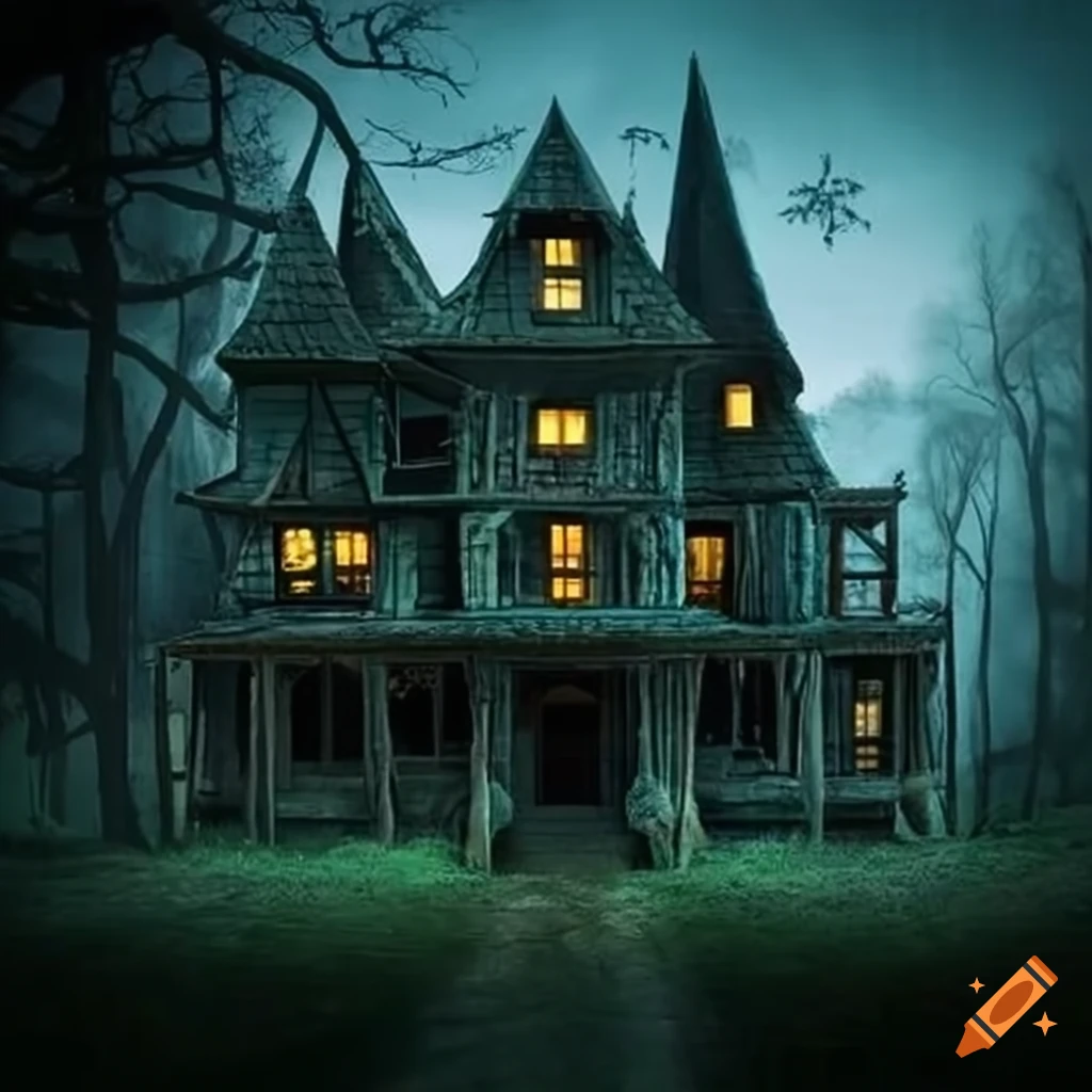 haunted-style house surrounded by trees