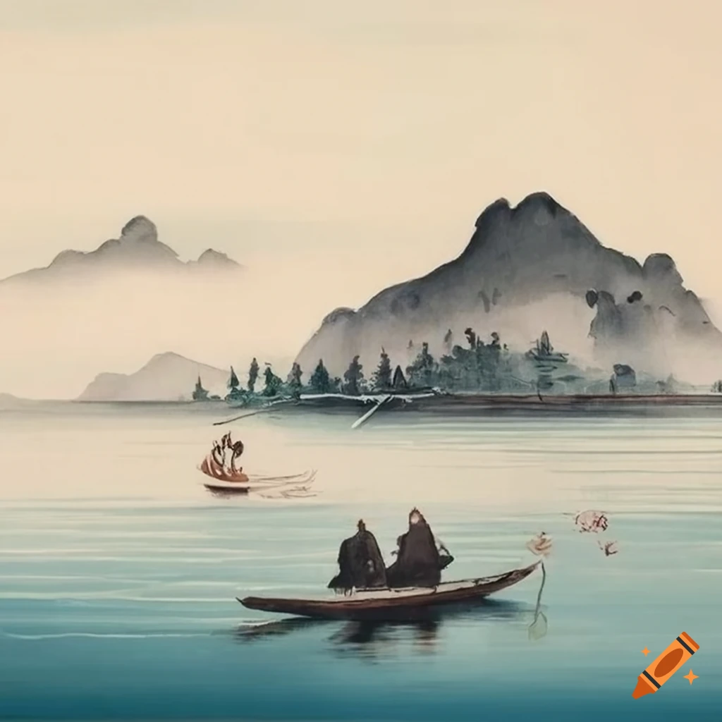 Chinese Ink Painting Of A Serene Lake And A Fishing Boat On Craiyon