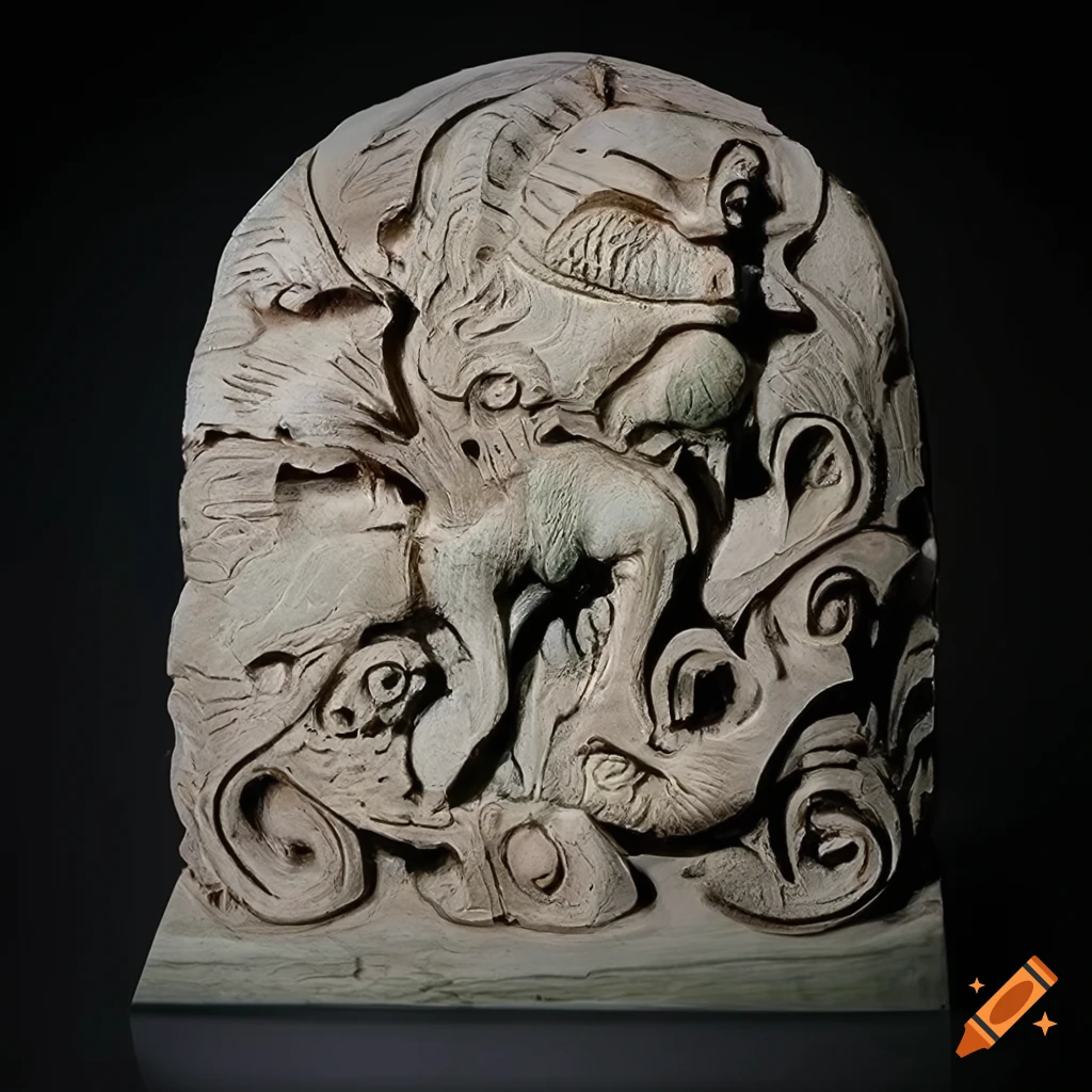 Architectural stave carving artwork with moth werewolf motif on craiyon