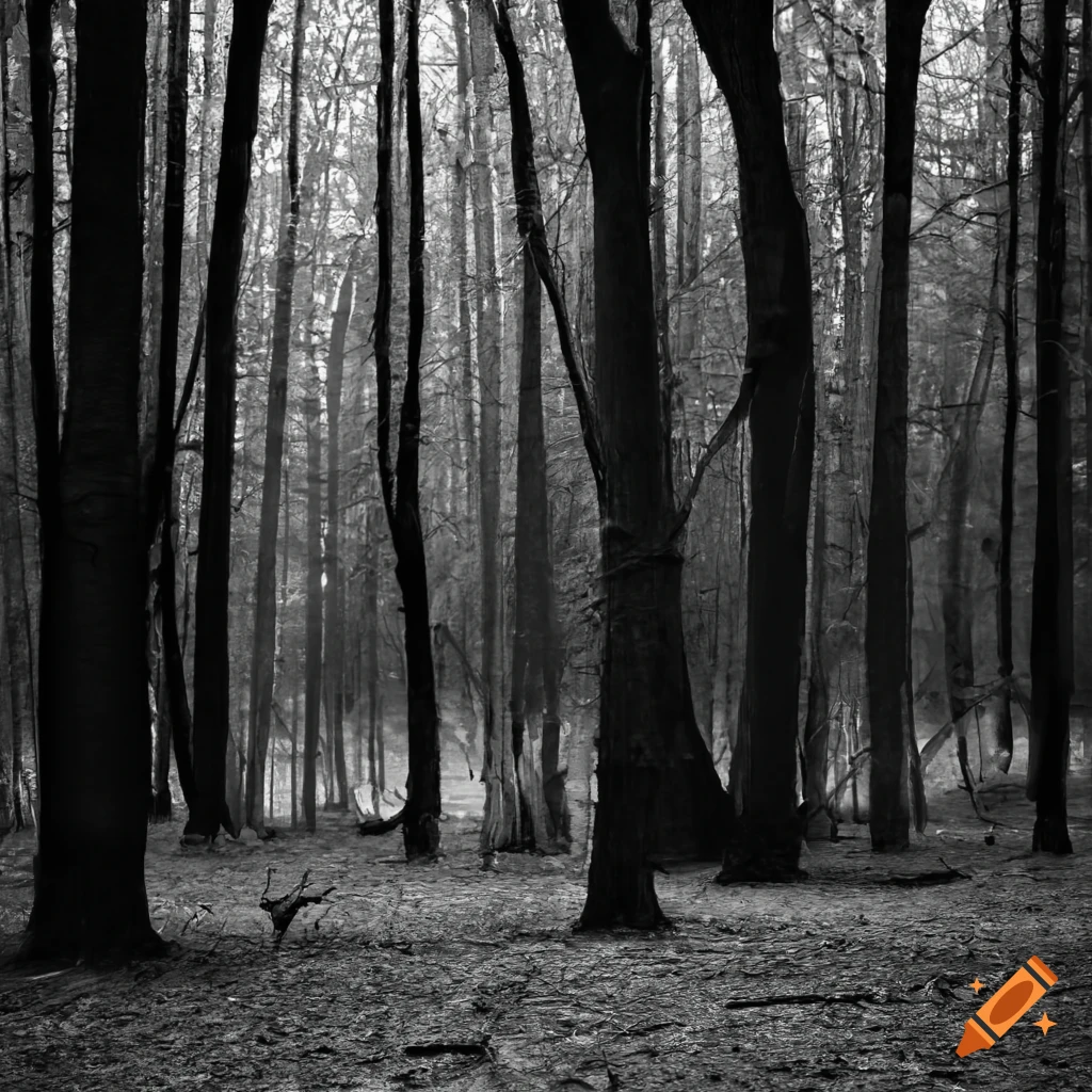 black and white photo of a forest