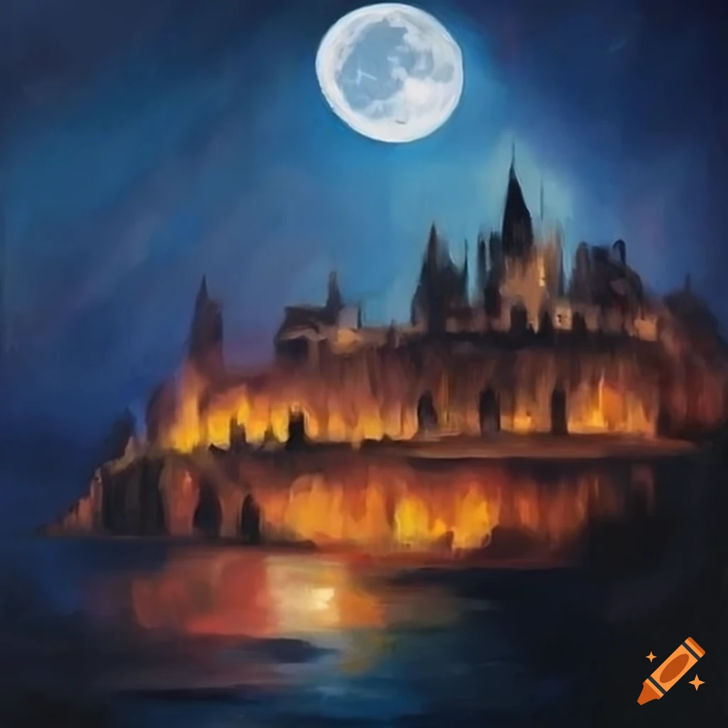 night landscape with a castle maze under a full moon