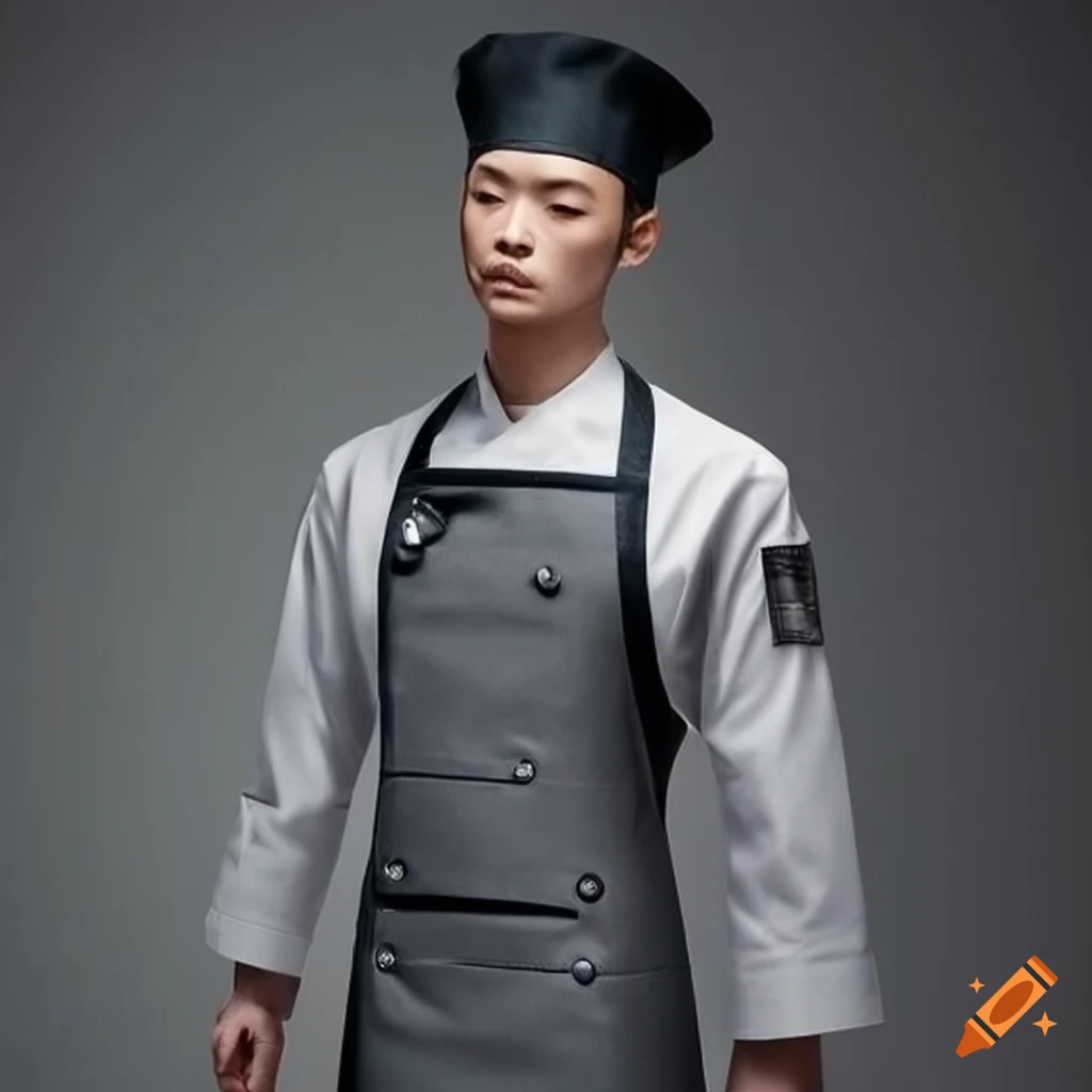 picture of a chef wearing a chinese collar chef coat with a grey apron