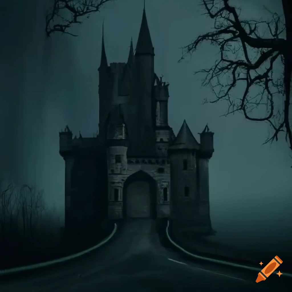 dark castle amidst leafless trees