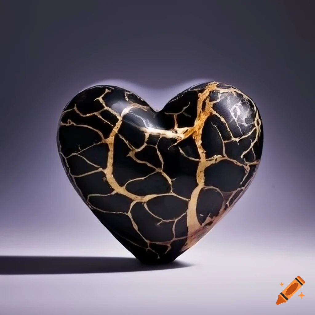image of a black heart repaired with gold in kintsugi art style
