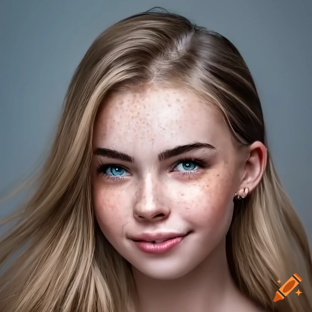 portrait of a young woman with freckles and a shy smile