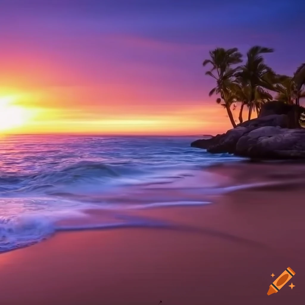 sunset beach with palm trees and ocean waves