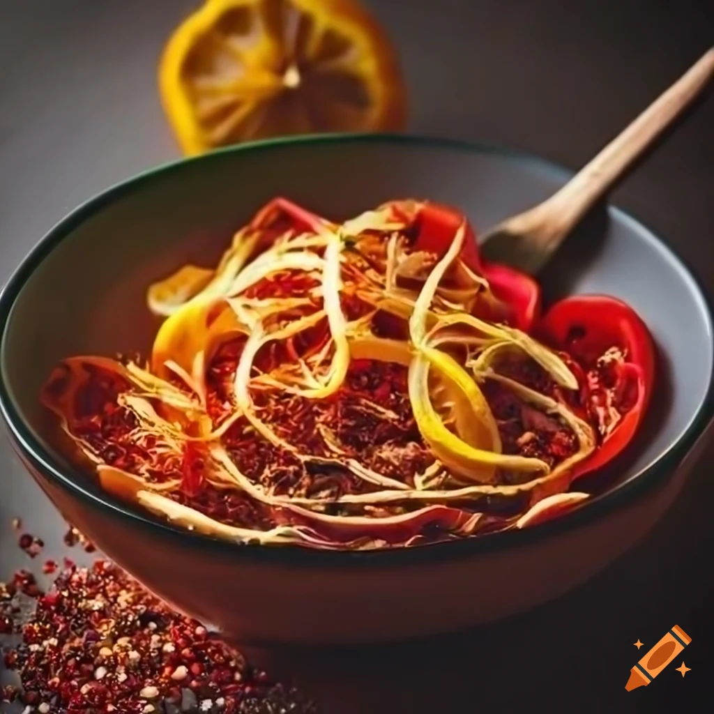 Bowl of chopped bell pepper, rosemary, lemon zest, and red pepper flakes on Craiyon