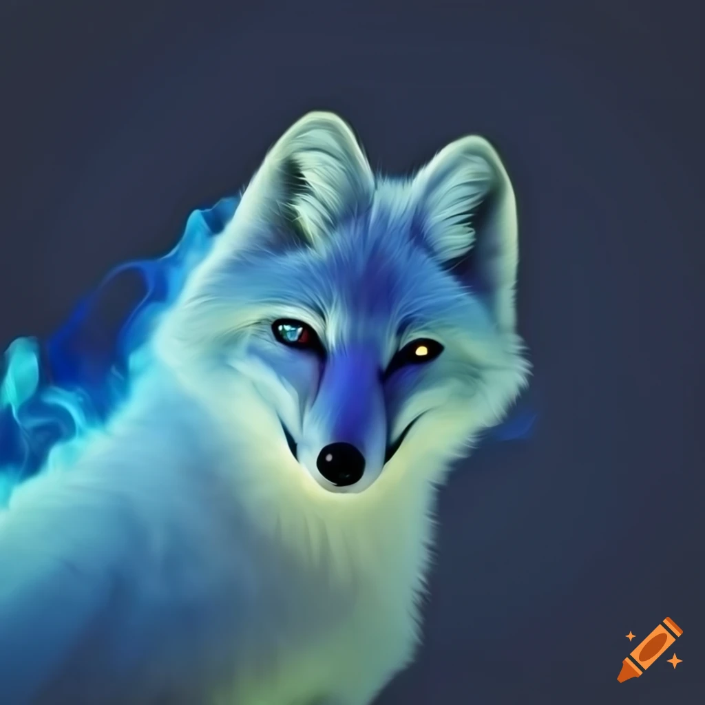 arctic fox with blue fire against polar lights background