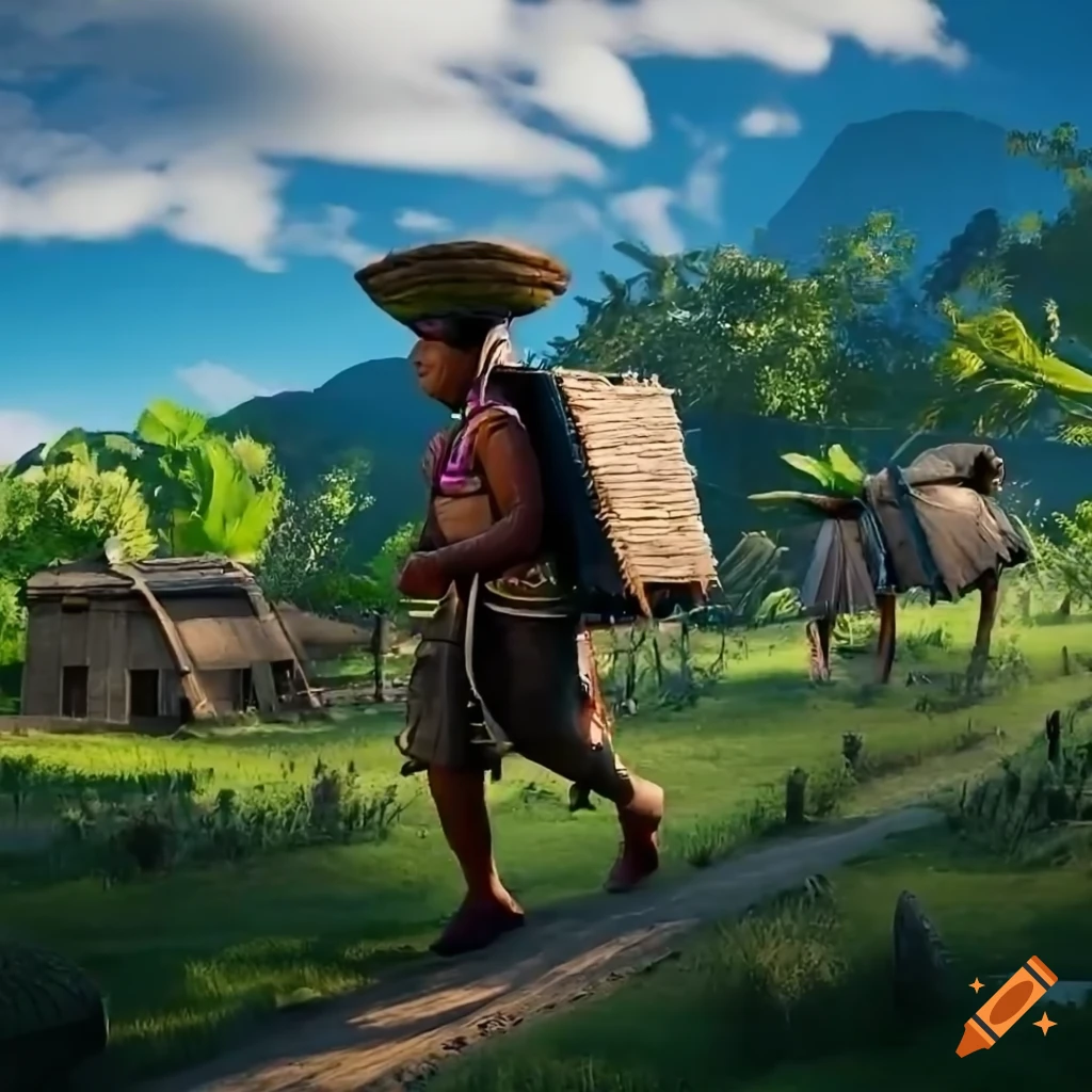 hyperrealistic portrayal of Mesoamerican Indians carrying farm products