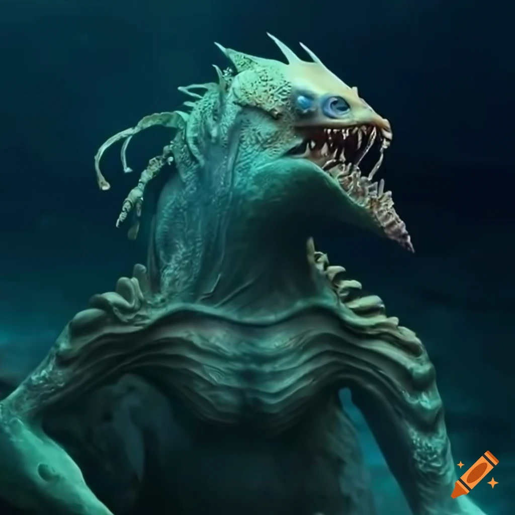 8K image of a sea monster with a shell necklace