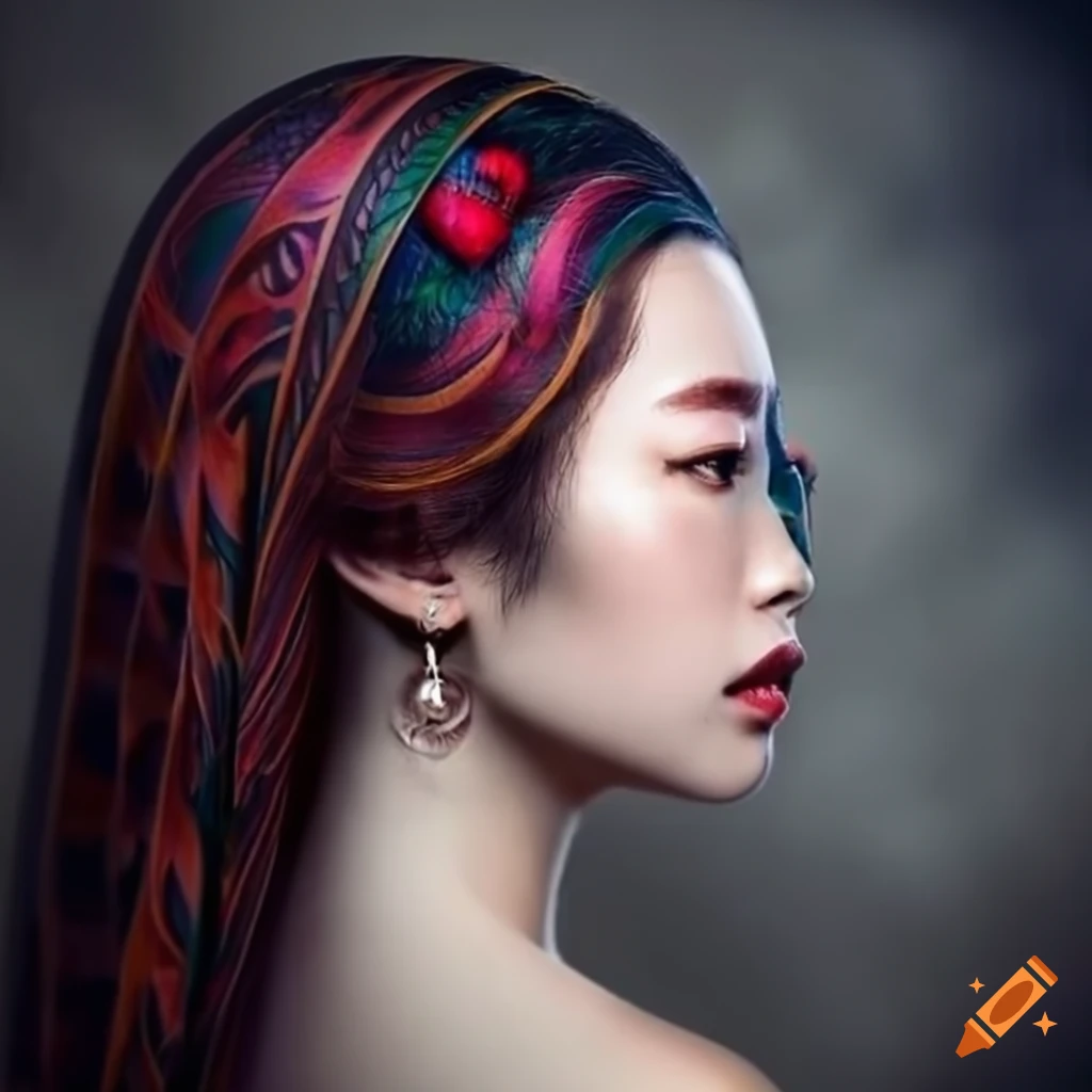 portrait of an Asian woman with a dragon tattoo on her cheek