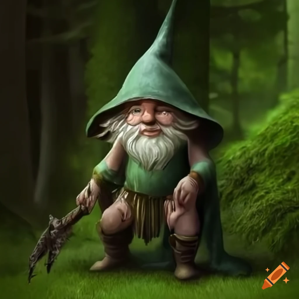 Illustration of a male forest gnome with moss cloak and tree armor