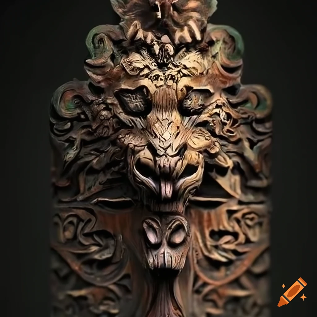 detailed carving of a moth werewolf motif
