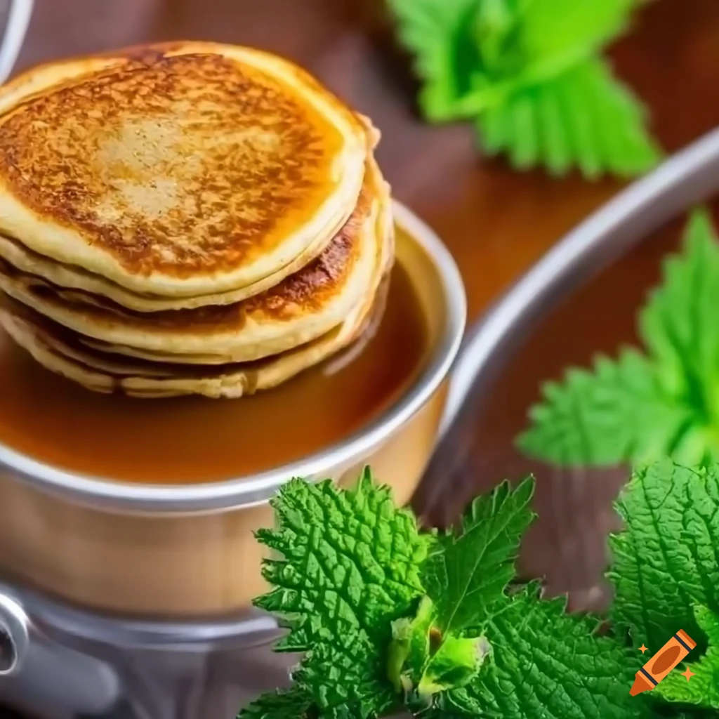 Delicious pancakes with maple syrup and nettle tea on Craiyon