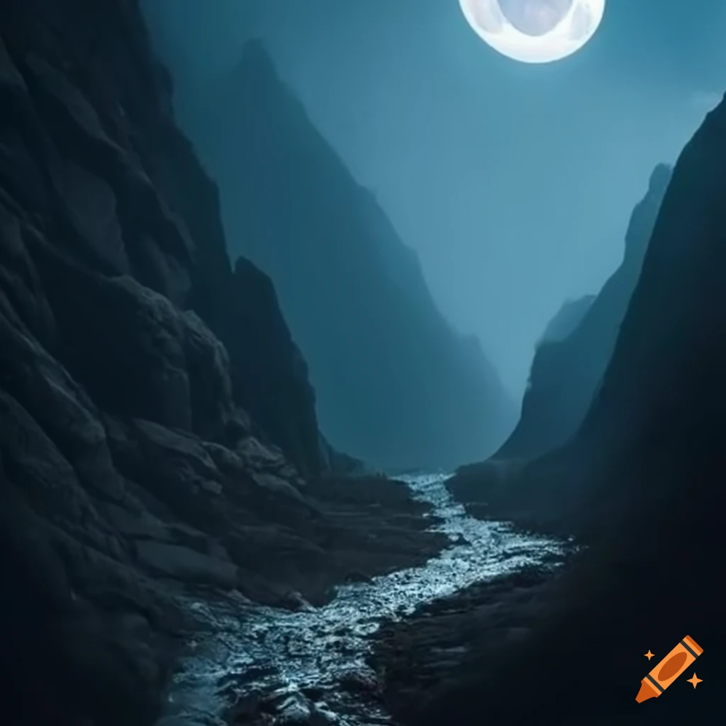 Moonlit rocky path through dark mountains on Craiyon