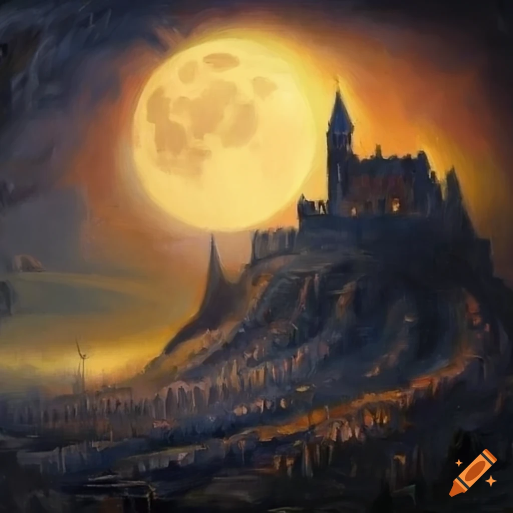 Oil painting of a maze at night with a castle and a full moon on Craiyon