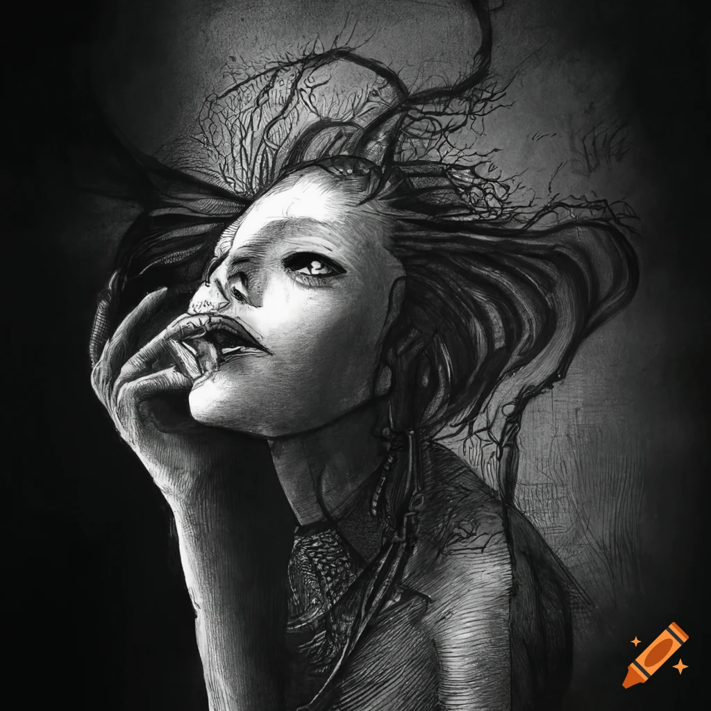 Haunting ink drawing of a ghostly figure